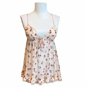 VTG VICTORIAS SECRET Cherry Print Babydoll Cami Tank Top Size M Pink Ruffle‎